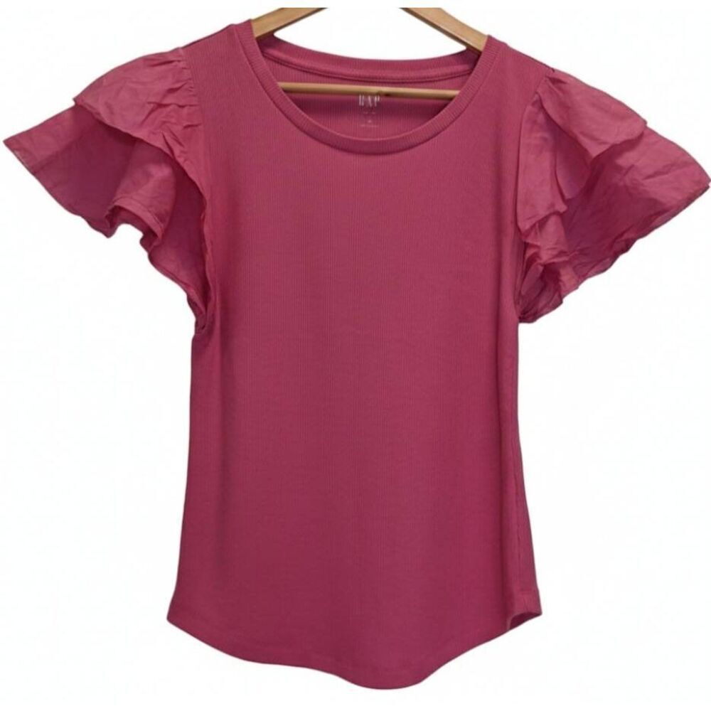 Gap womens medium ruffle flutter pink sleeve ribbed tshirt top